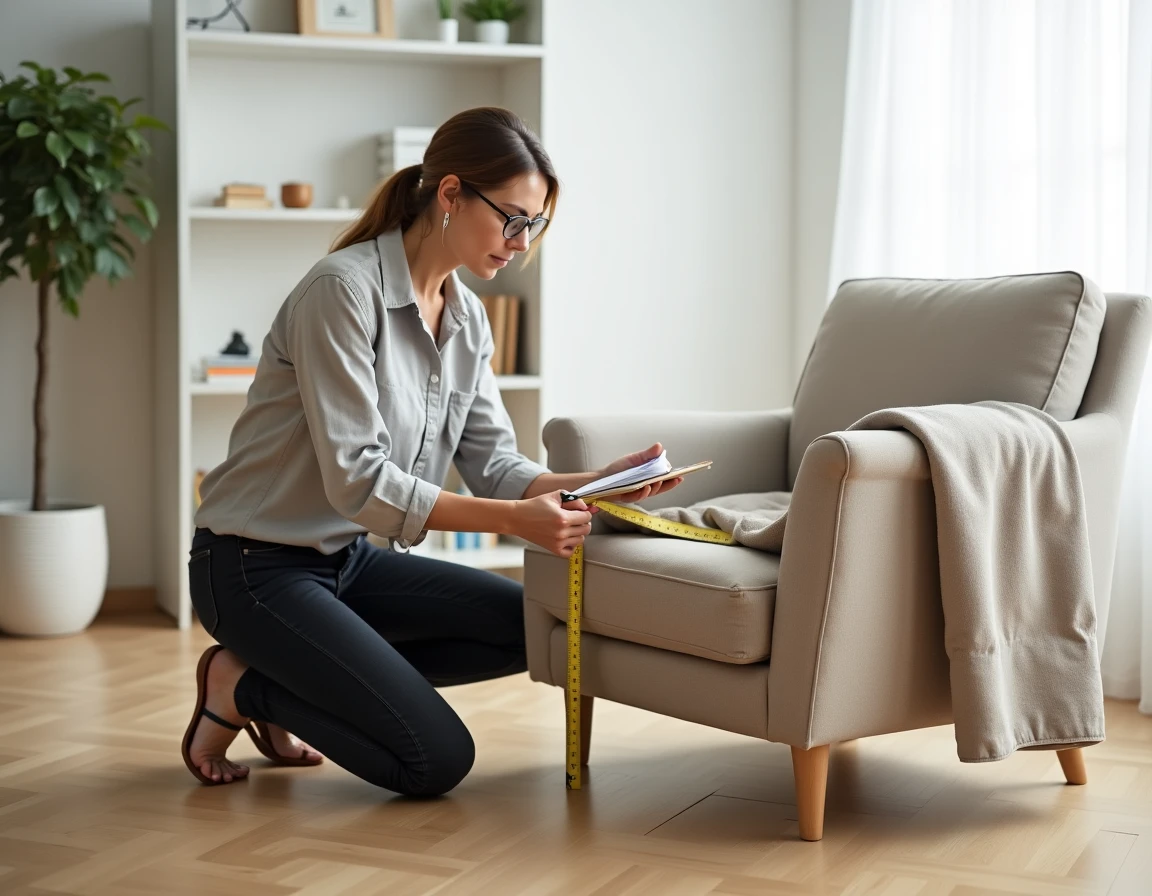 Femme prenant les mesures d'un fauteuil beige avec un mètre ruban jaune pour choisir une housse extensible