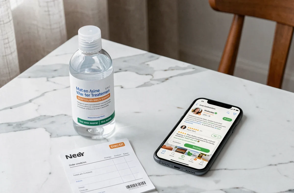 Produit H2O posé sur un plan en marbre avec avis clients en ligne et confirmation de commande