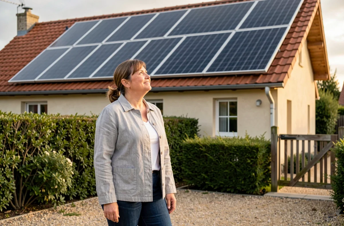 Propriétaire observant les panneaux solaires nouvellement installés sur le toit de sa maison résidentielle