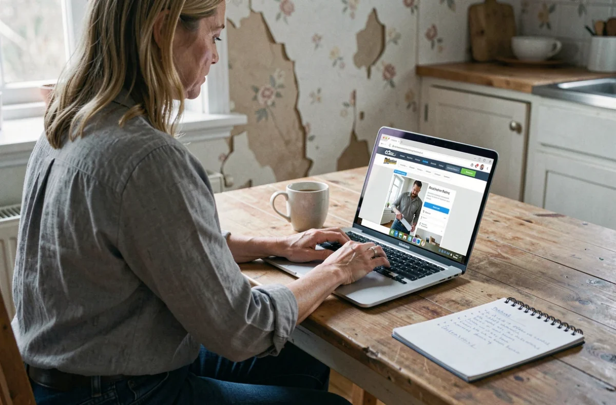 Propriétaire cherchant un artisan en ligne pour sa rénovation depuis chez elle via un comparateur d'artisans