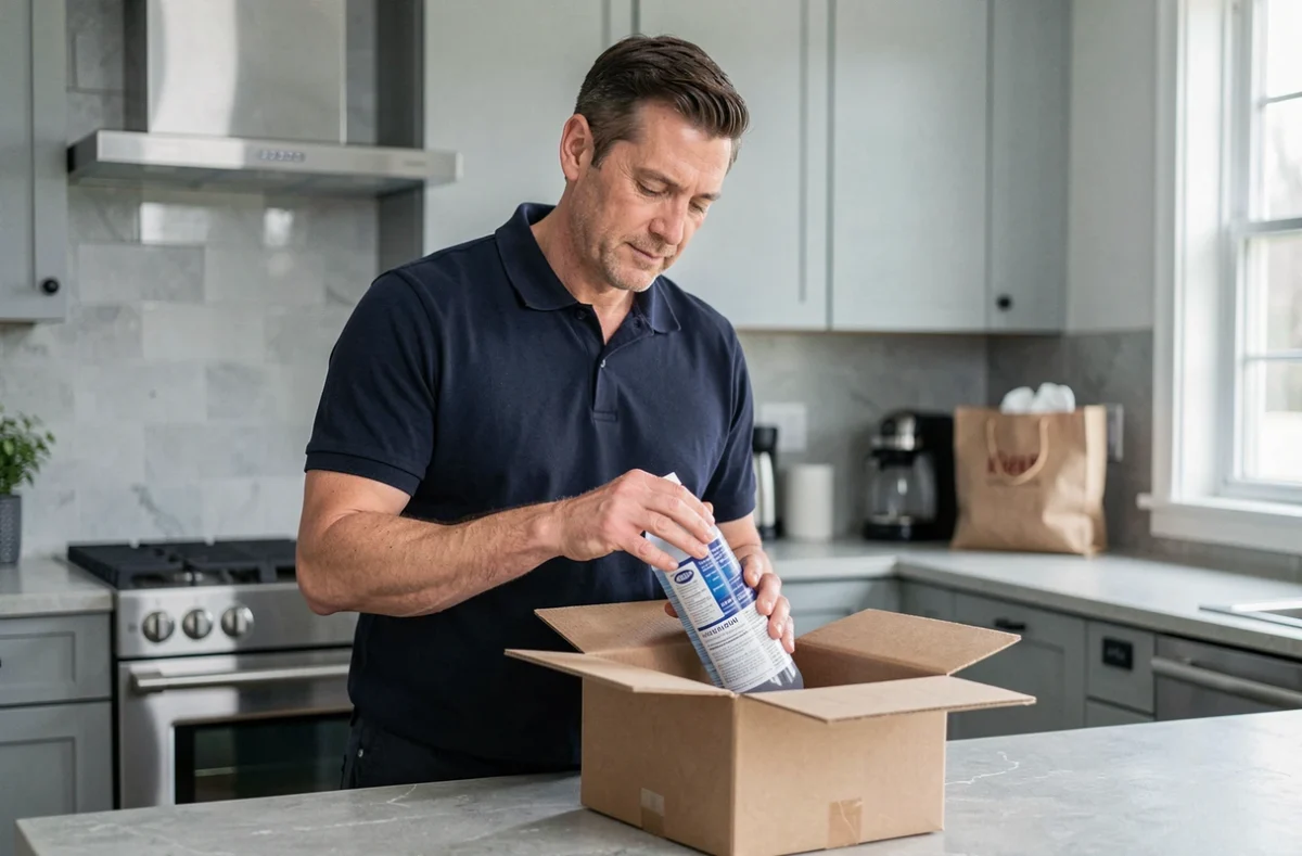 Homme inspectant un produit H2O reçu en livraison dans sa cuisine moderne