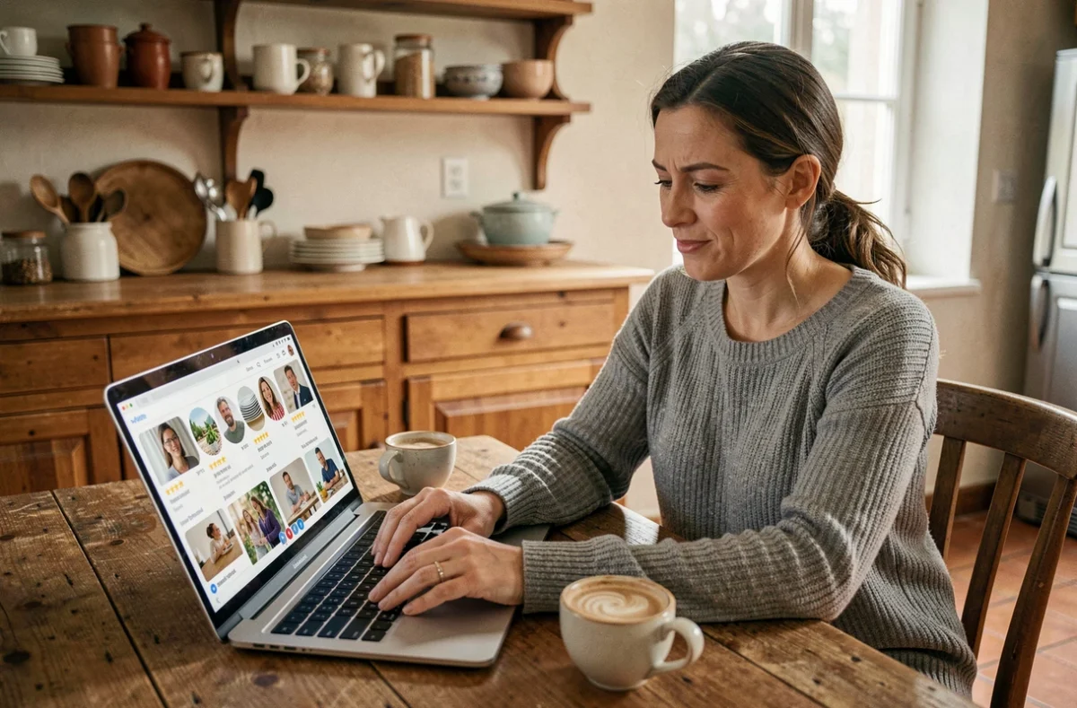 Femme recherchant un artisan qualifié sur une plateforme en ligne depuis sa cuisine