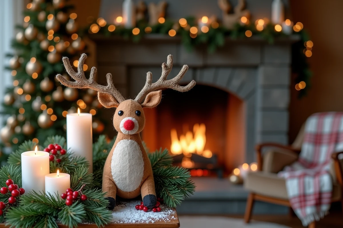 Renne de Noël fait main en brindilles et feutre exposé sur une cheminée décorée de branches de pin et de bougies blanches