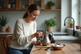 Femme polissant un theiere en argent patinee dans la cuisine