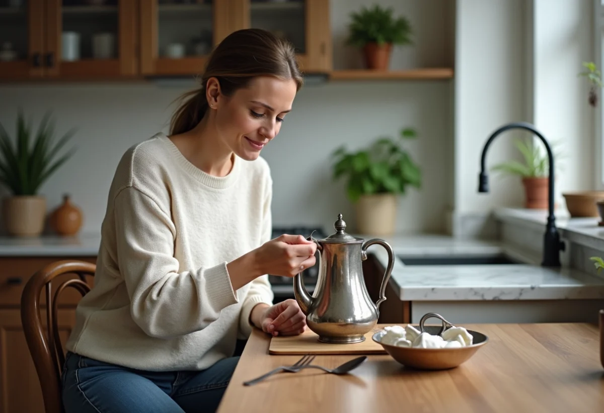 Femme polissant un theiere en argent patinee dans la cuisine