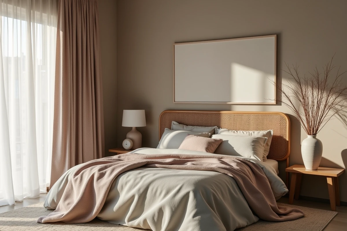 Rideaux occultants à motif aquarelle mauve et sauge dans une chambre adulte au décor japandi épuré