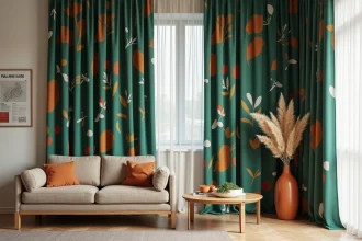 Rideau occultant à motif botanique géométrique vert et terracotta dans un salon moderne au style mid-century