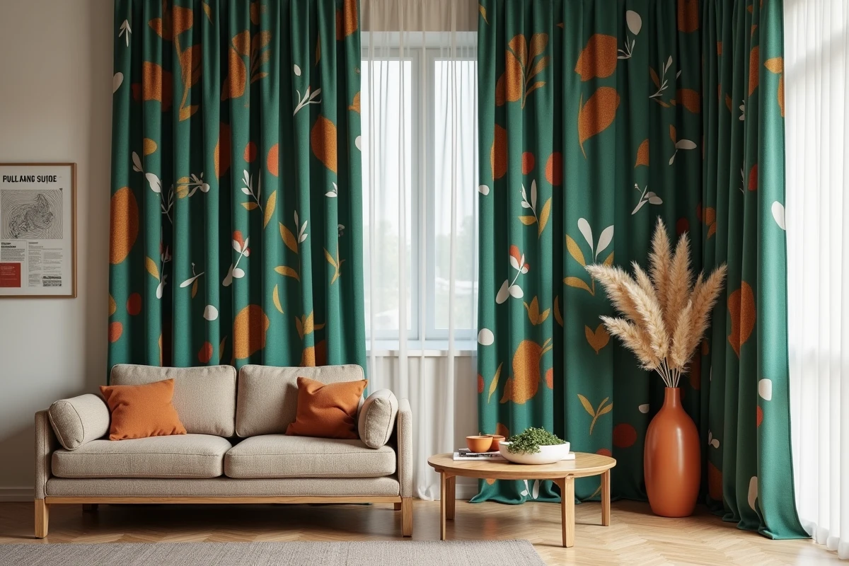 Rideau occultant à motif botanique géométrique vert et terracotta dans un salon moderne au style mid-century