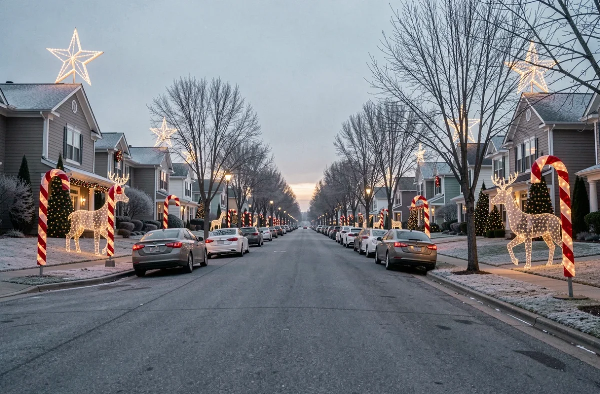 Rue résidentielle décorée de grands ornements de Noël extérieurs visibles depuis le bout de l'avenue au crépuscule
