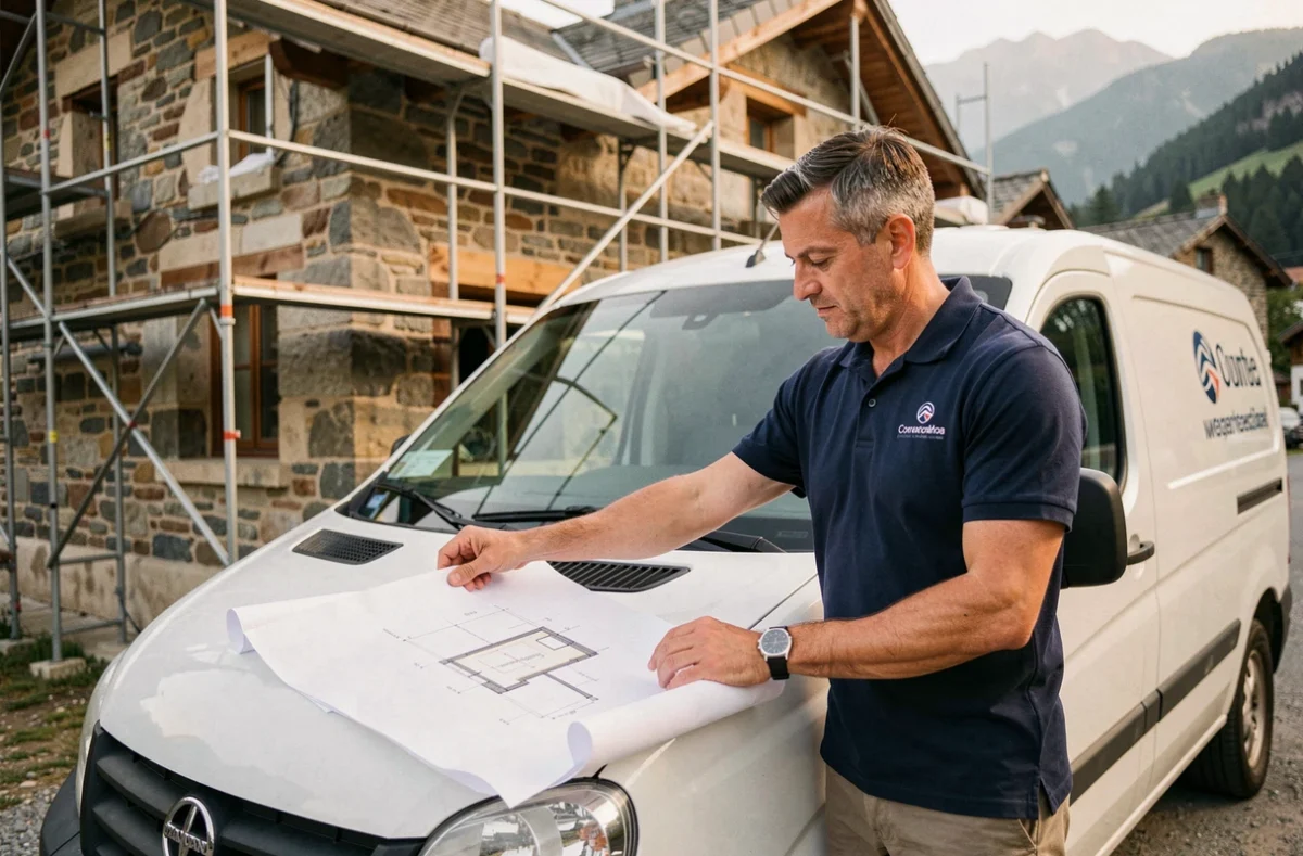 Professionnel de Ruiz Construction examinant des plans devant une maison en rénovation dans les Pyrénées