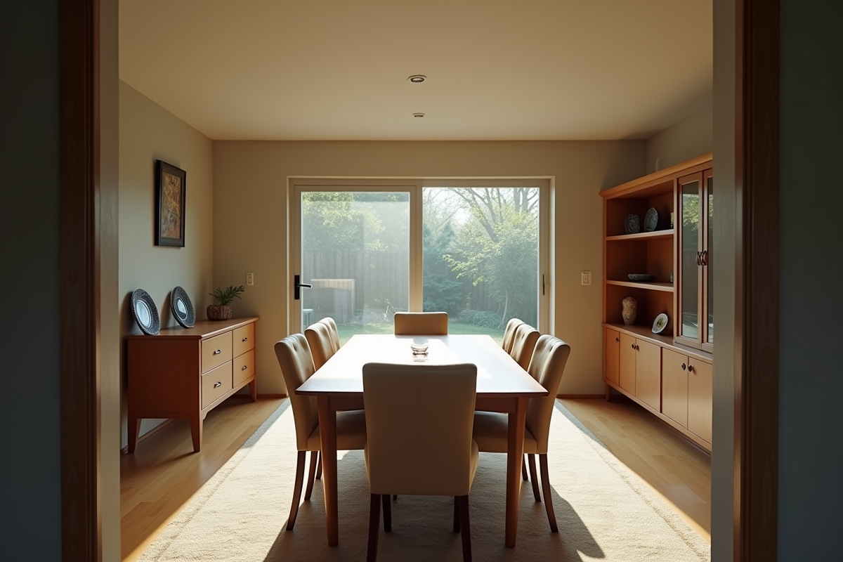 Salle à manger moderne vide avec table en bois et étagères