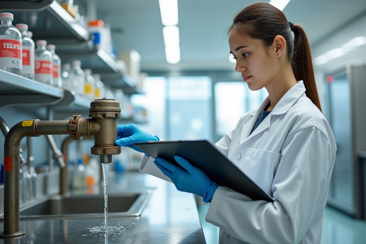 Jeune scientifique vérifie une valve en acier corrodée