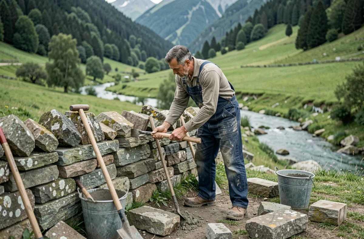 Artisan de Services Locaux Vallée d'Aure réparant un mur en pierre traditionnelle dans la vallée pyrénéenne