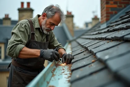 Artisan soudant une gouttière en zinc ancienne sur un toit parisien avec un fer à souder traditionnel