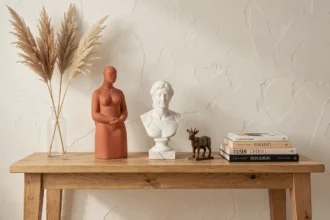 Trois statues décoratives en terracotta, marbre et bronze disposées sur une console en chêne dans un intérieur contemporain épuré