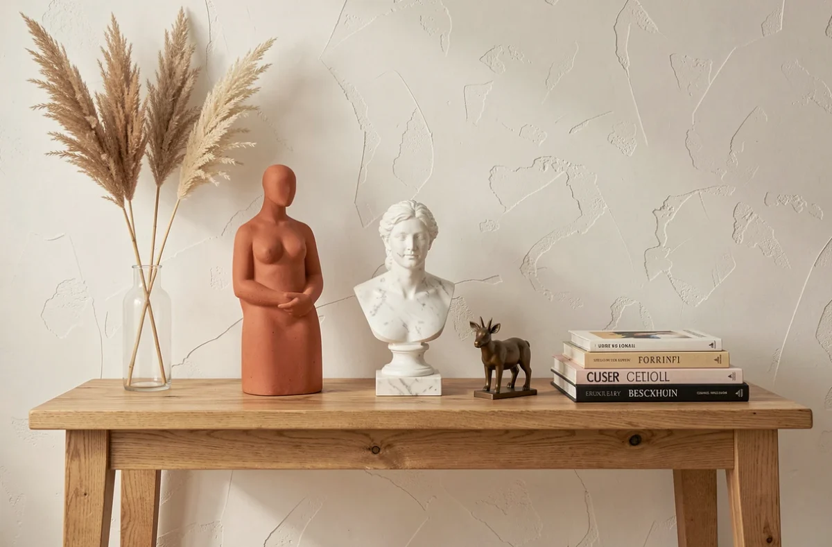 Trois statues décoratives en terracotta, marbre et bronze disposées sur une console en chêne dans un intérieur contemporain épuré