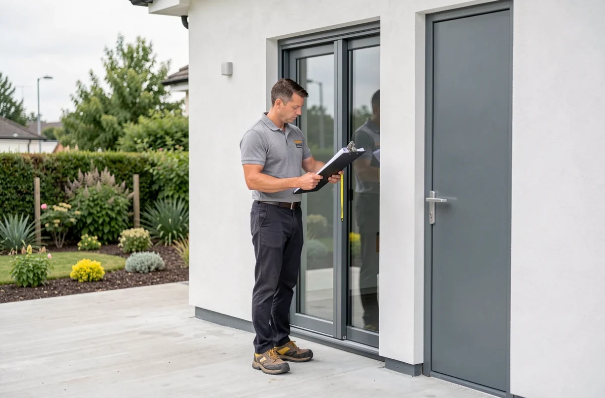 Installateur de Sud Est Menuiserie posant une porte coulissante en aluminium gris sur un chantier de construction neuve