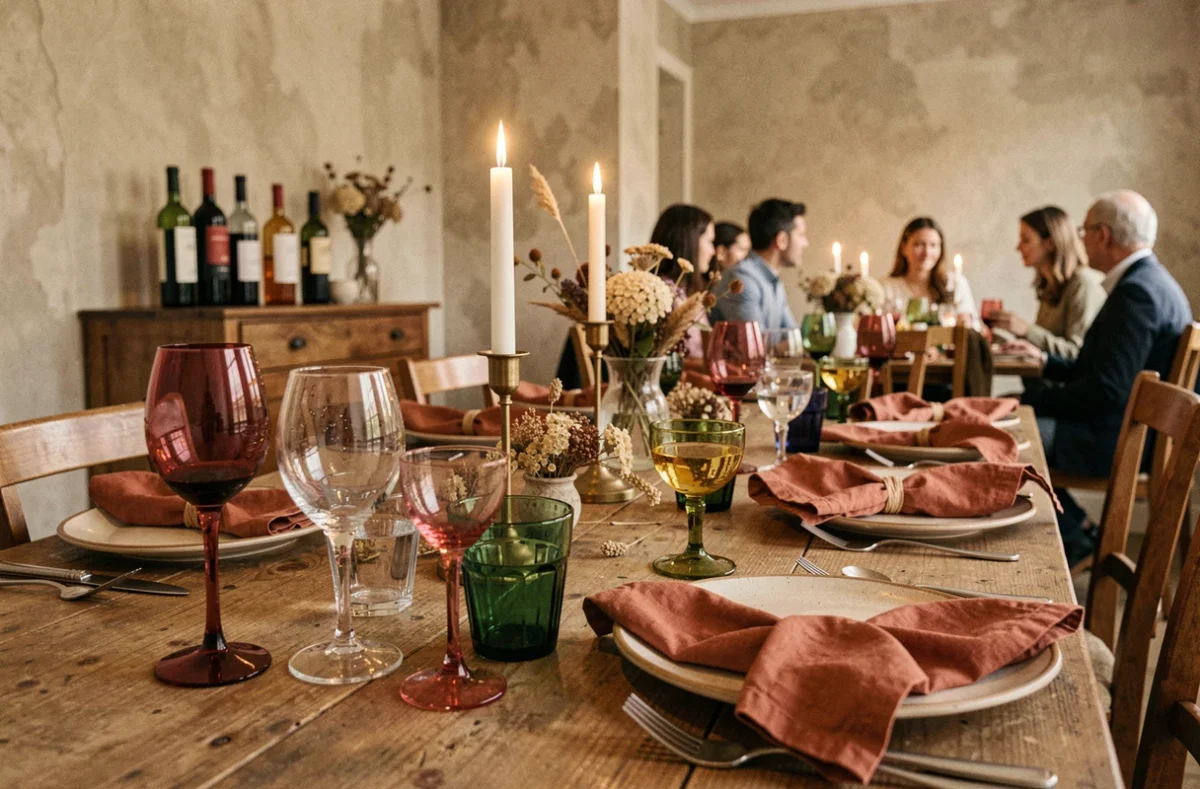 Table d'anniversaire dressée pour huit personnes dans un appartement parisien avec verres à vin colorés, tumblers et verres à dessert disposés selon les convives autour d'assiettes en céramique artisanale