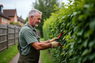 Homme d'âge moyen taillant une haie dans un jardin suburbain