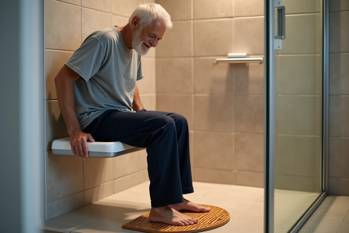 Homme senior assis en bord de douche posant ses pieds nus sur un tapis antidérapant en bambou dans une salle de bains accessible moderne