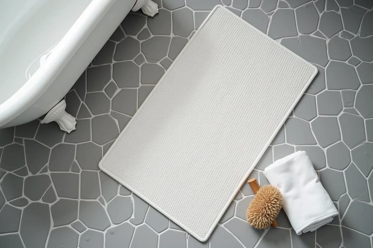 Vue aérienne en gros plan d'un tapis de bain antidérapant rectangulaire sur carrelage mouillé avec ventouses visibles et serviette blanche à côté