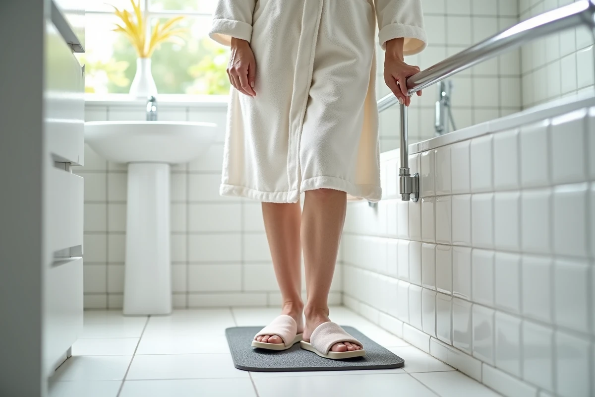 Senior femme debout sur un tapis de bain antidérapant en caoutchouc dans une salle de bains moderne, tenant une barre d'appui chromée pour la sécurité
