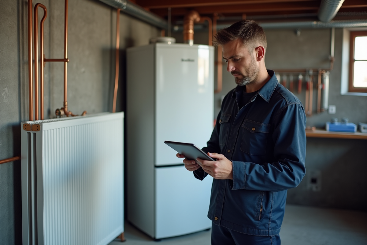 Technicien chauffage examinant une chaudière moderne dans un sous-sol