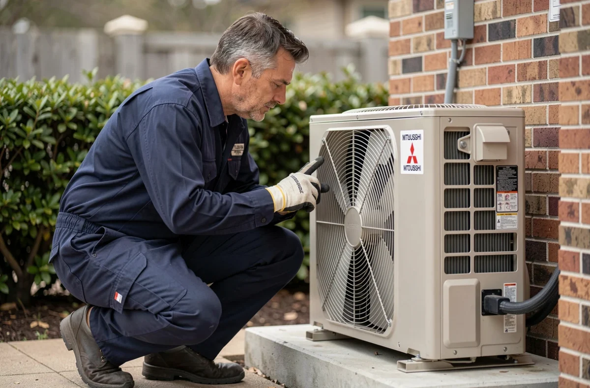 Technicien HVAC en train d'entretenir l'unité extérieure d'une pompe à chaleur air-air Mitsubishi posée sur dalle béton