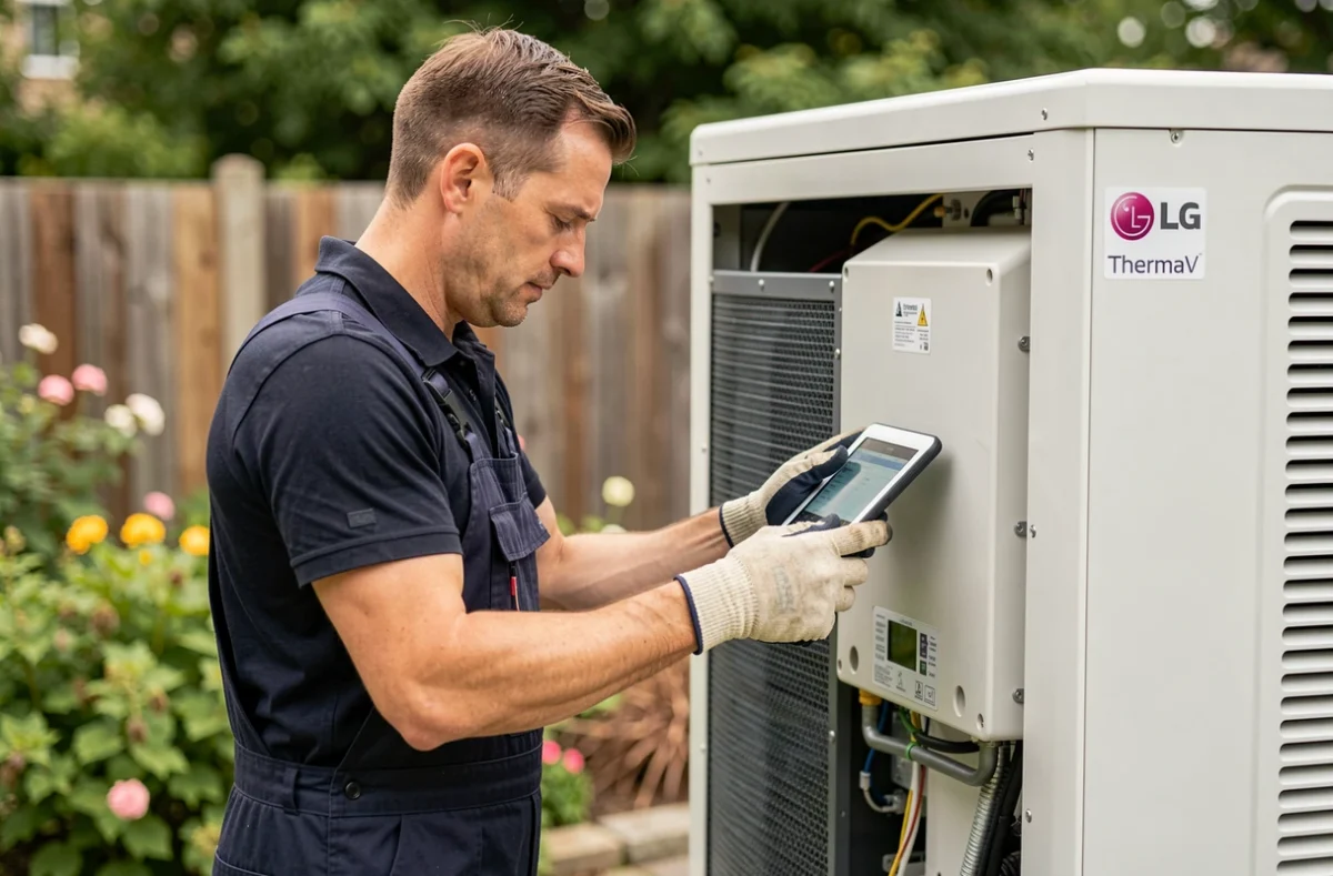 Technicien HVAC inspectant une pompe à chaleur LG Therma V 16 kW dans un jardin résidentiel