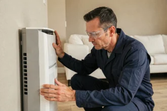 Technicien CVC à l'écoute d'une unité intérieure de pompe à chaleur murale dans un salon moderne