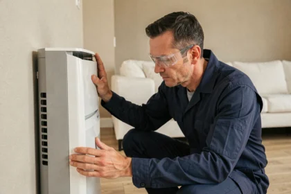 Technicien CVC à l'écoute d'une unité intérieure de pompe à chaleur murale dans un salon moderne