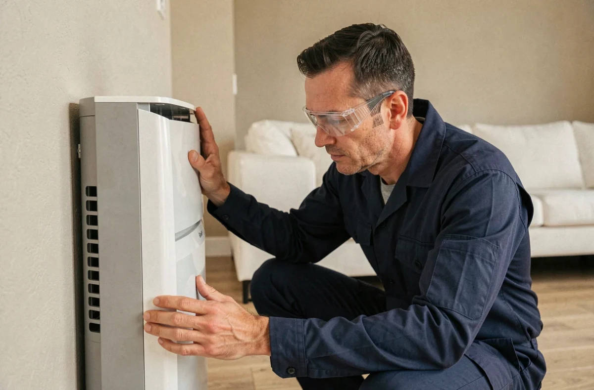 Technicien CVC à l'écoute d'une unité intérieure de pompe à chaleur murale dans un salon moderne