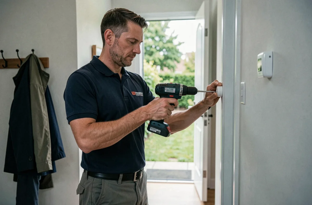 Technicien installant un capteur de sécurité sans fil sur une porte dans une maison moderne, illustration d'un service d'alarme à domicile