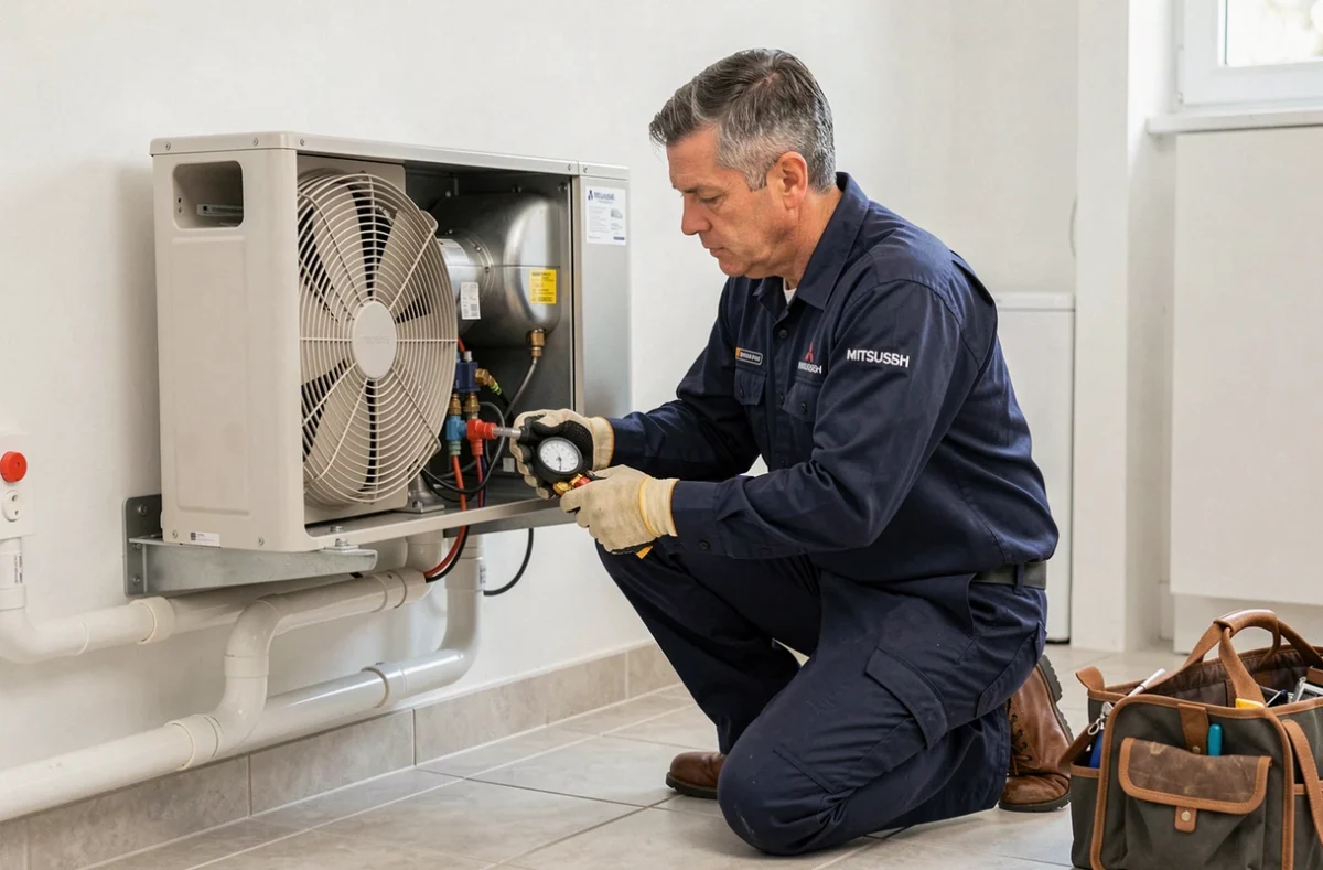 Technicien HVAC inspectant une pompe à chaleur Mitsubishi intérieure lors d'une installation professionnelle