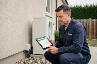 Technicien HVAC analysant les données de performance d'une pompe à chaleur murale avec une tablette numérique