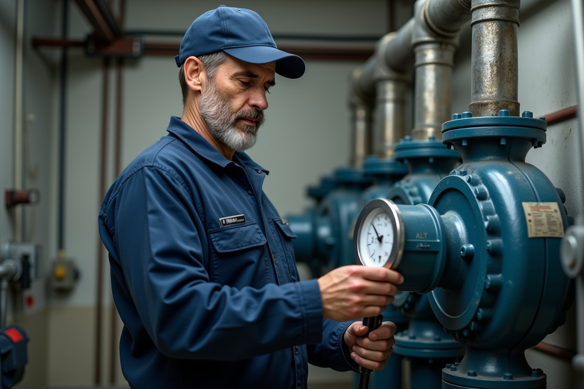 Technicien en overalls bleus vérifiant une pompe à eau industrielle