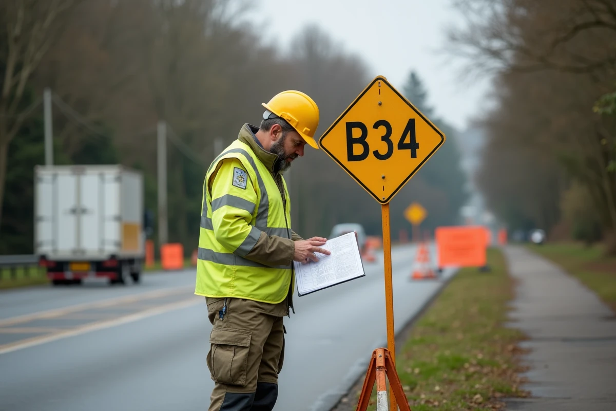 Technicien de signalisation routière vérifiant la pose d'un panneau B34 temporaire sur un chantier de voirie