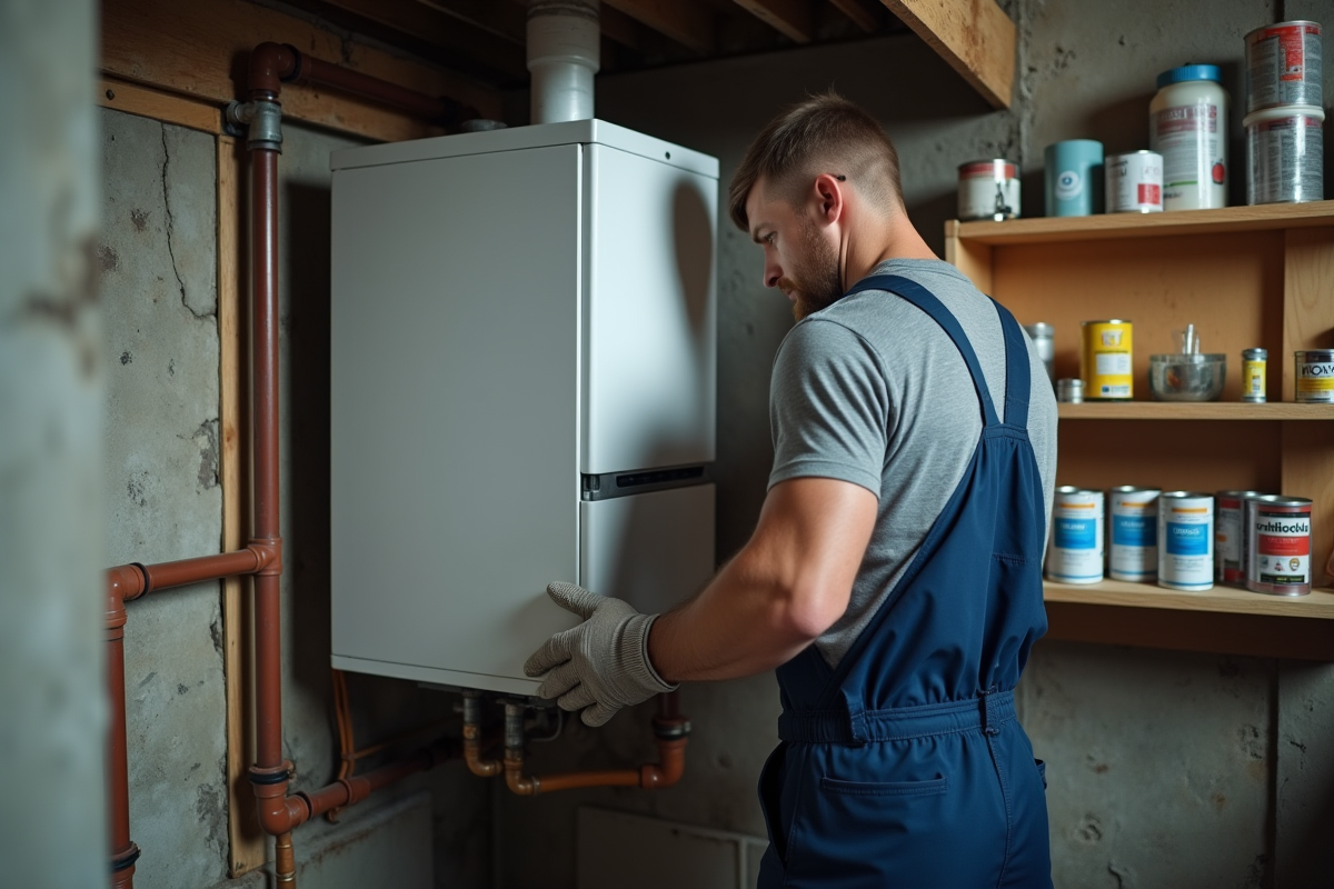 Technicien en train de retirer une vieille chaudiere murale dans un sous-sol
