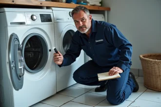 Technicien en électroménager inspectant l'intérieur d'un lave-linge en panne dans une buanderie résidentielle