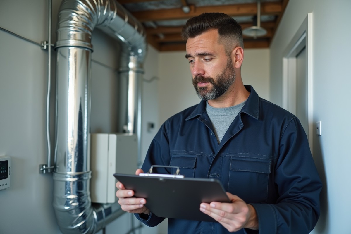 Technicien en overalls examinant une ventilation domestique
