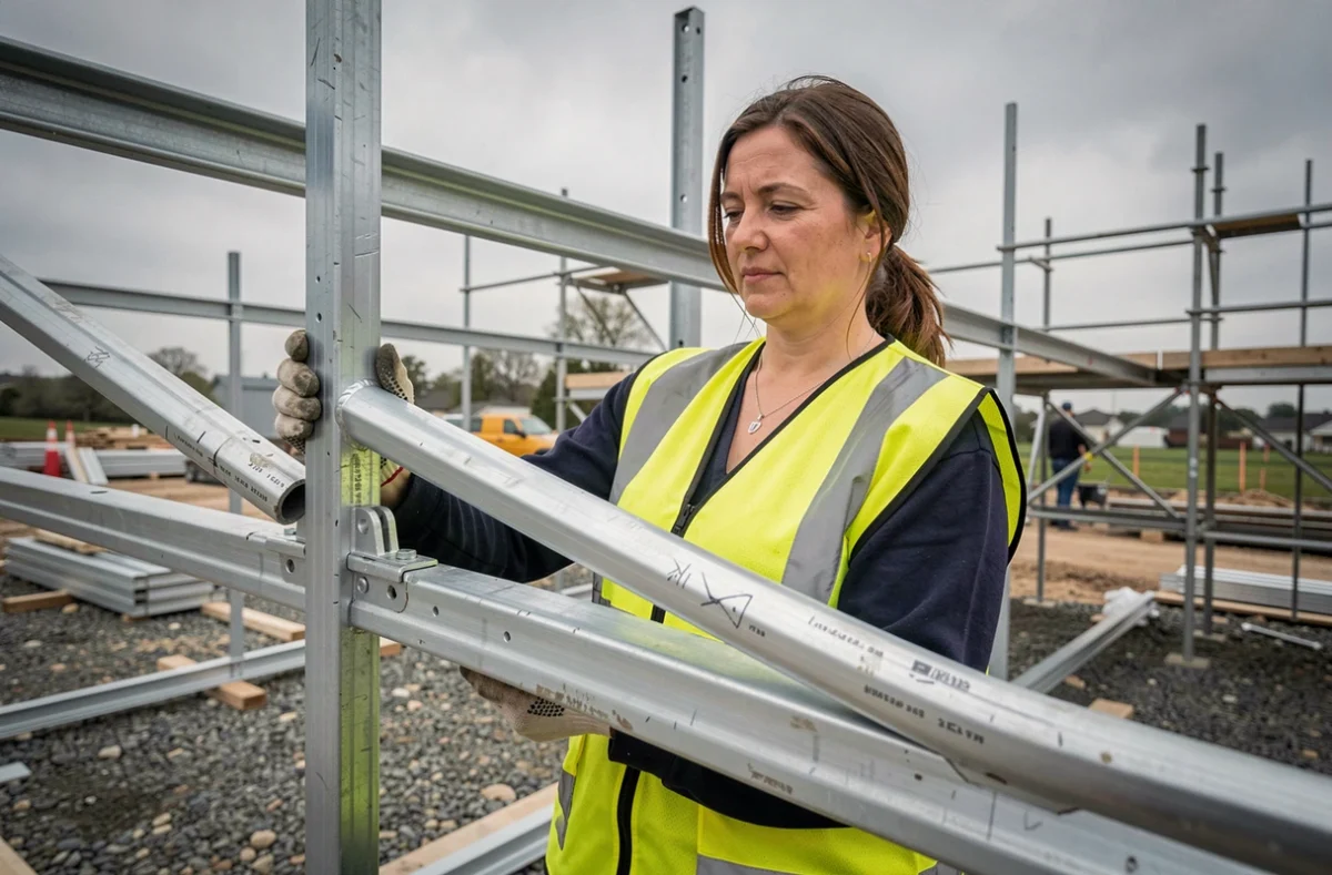 Technicienne mesurant des tubes en aluminium intégrés dans une structure métallique sur un chantier de construction
