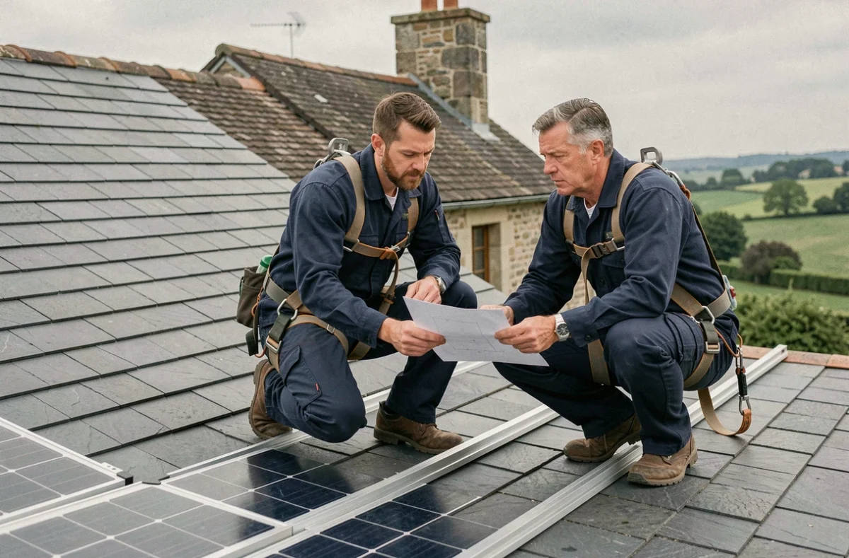 Deux techniciens solaires consultant un plan d'installation sur une toiture en ardoise avec harnais de sécurité