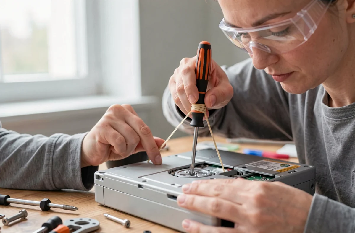 Femme utilisant un élastique pour dévisser une vis Torx abîmée sur un appareil électronique à la maison