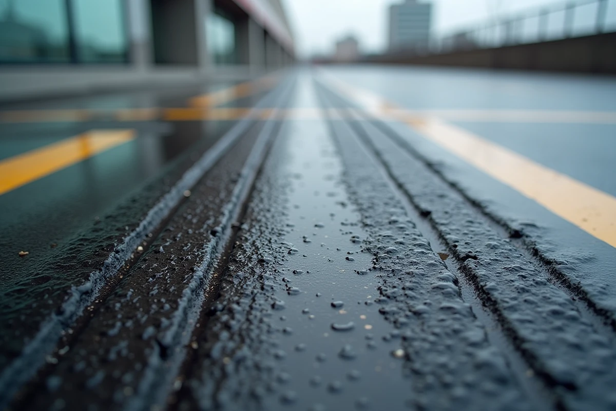 Texture en gros plan d'un enrobé drainant avec agrégats poreux visibles sur un parking urbain