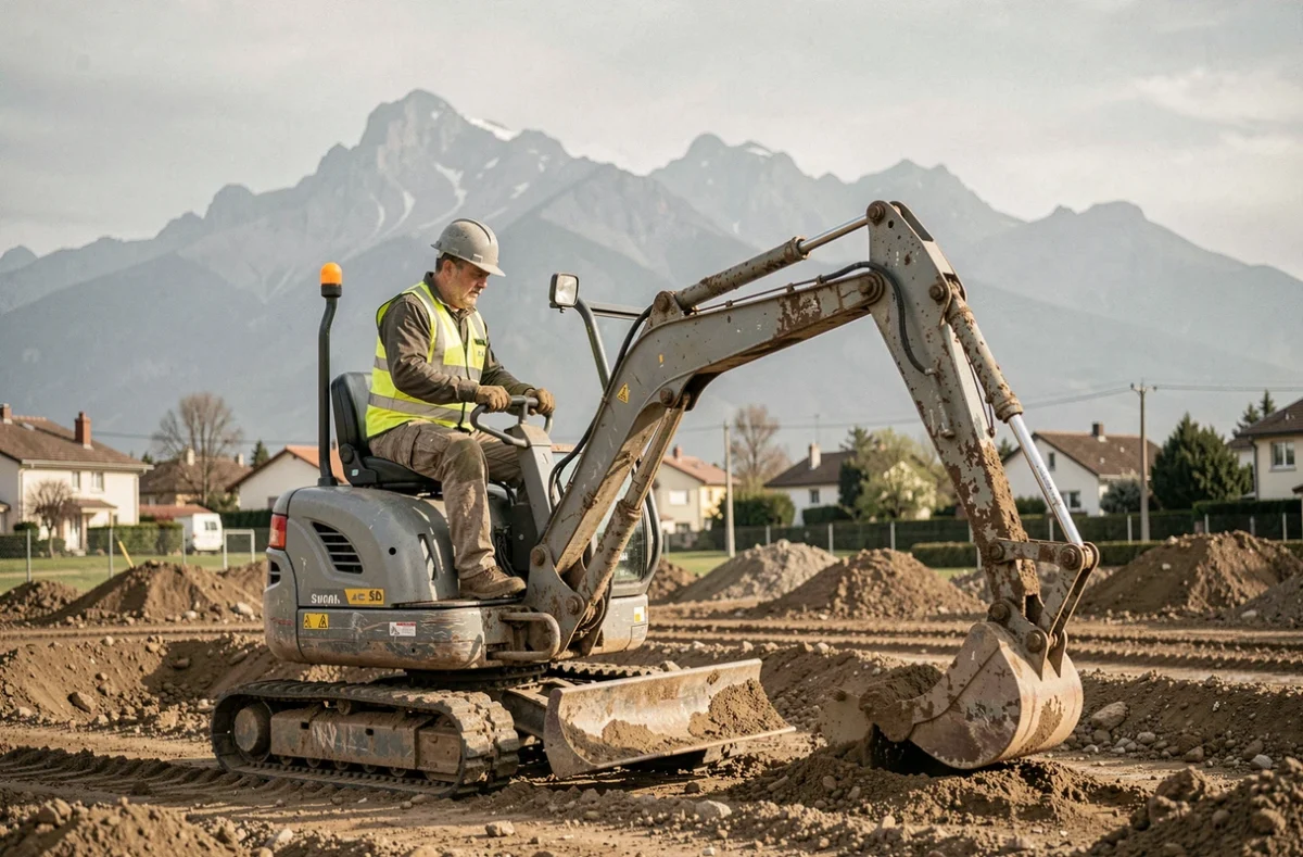 Opérateur de T.P.L.T. Sarl conduisant une excavatrice sur un chantier de terrassement pyrénéen