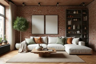 Salon d'appartement lillois transformé par une agence de décoration intérieure, avec canapé en lin, parquet chêne et mur en briques apparentes
