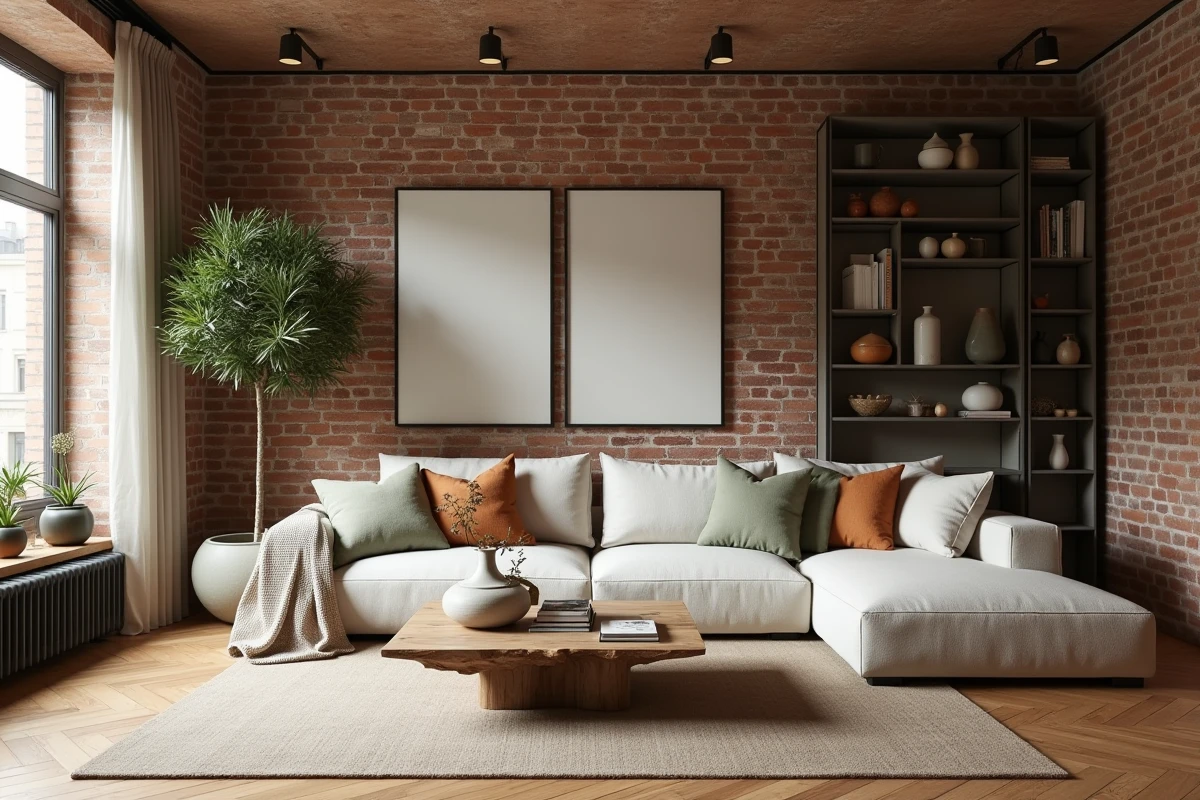 Salon d'appartement lillois transformé par une agence de décoration intérieure, avec canapé en lin, parquet chêne et mur en briques apparentes