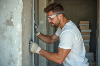 Ouvrier installant une cloison en plaques de plâtre Placo dans un appartement en rénovation