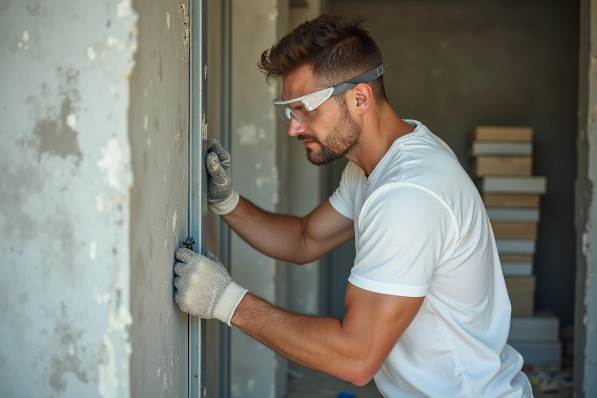 Ouvrier installant une cloison en plaques de plâtre Placo dans un appartement en rénovation