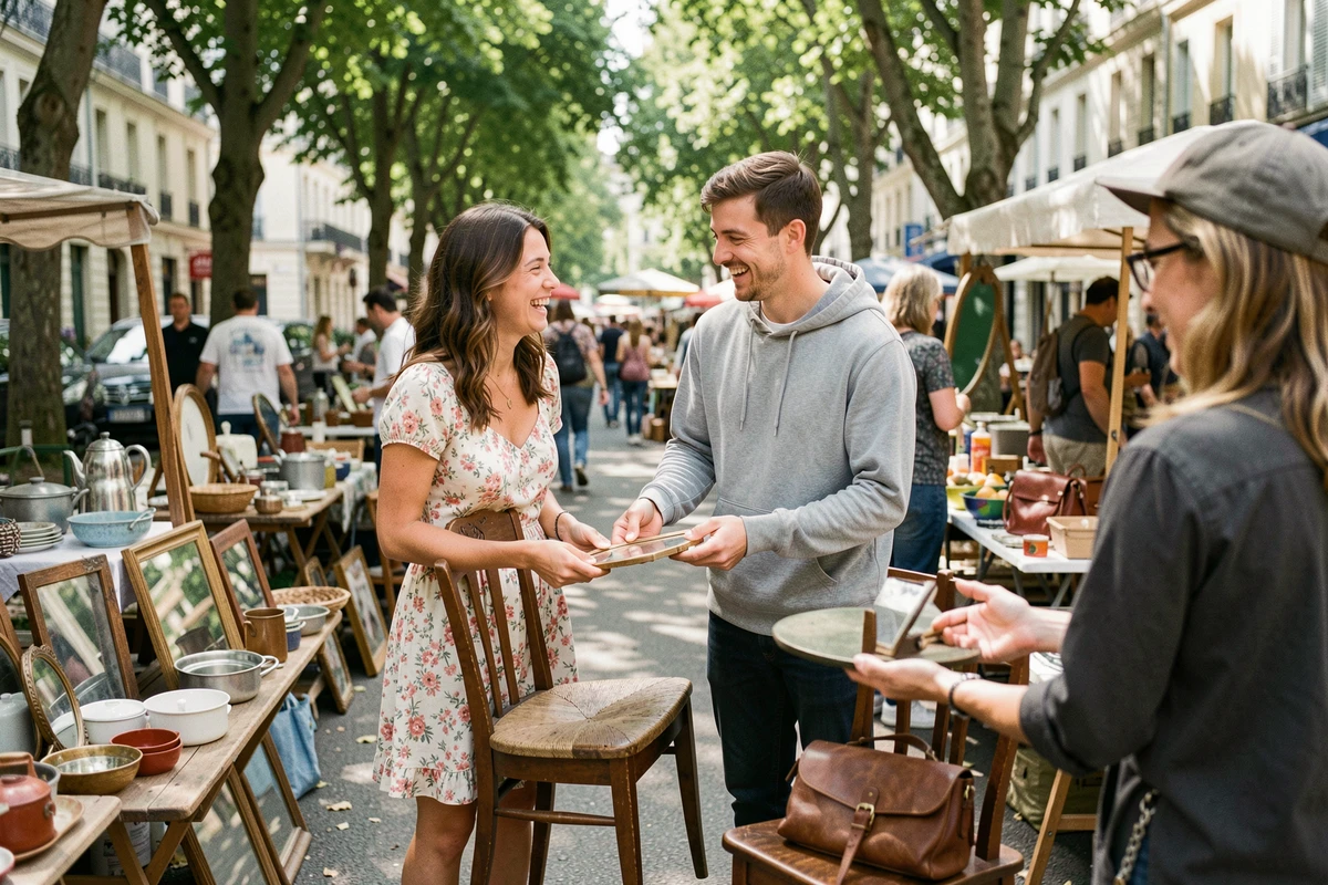 Jeune couple en train de négocier autour d'un meuble ancien lors d'un vide grenier dominical dans le département 92